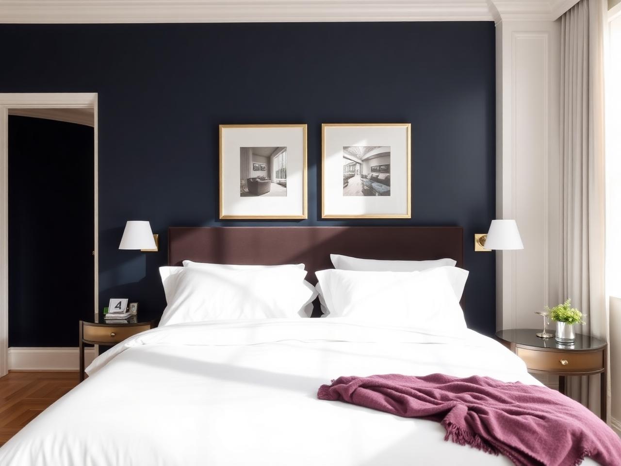 Immaculate bedroom with crisp white linens