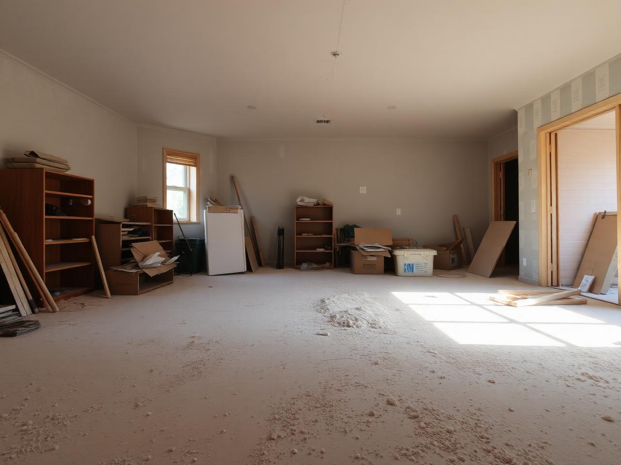 Living space covered in construction dust before cleaning