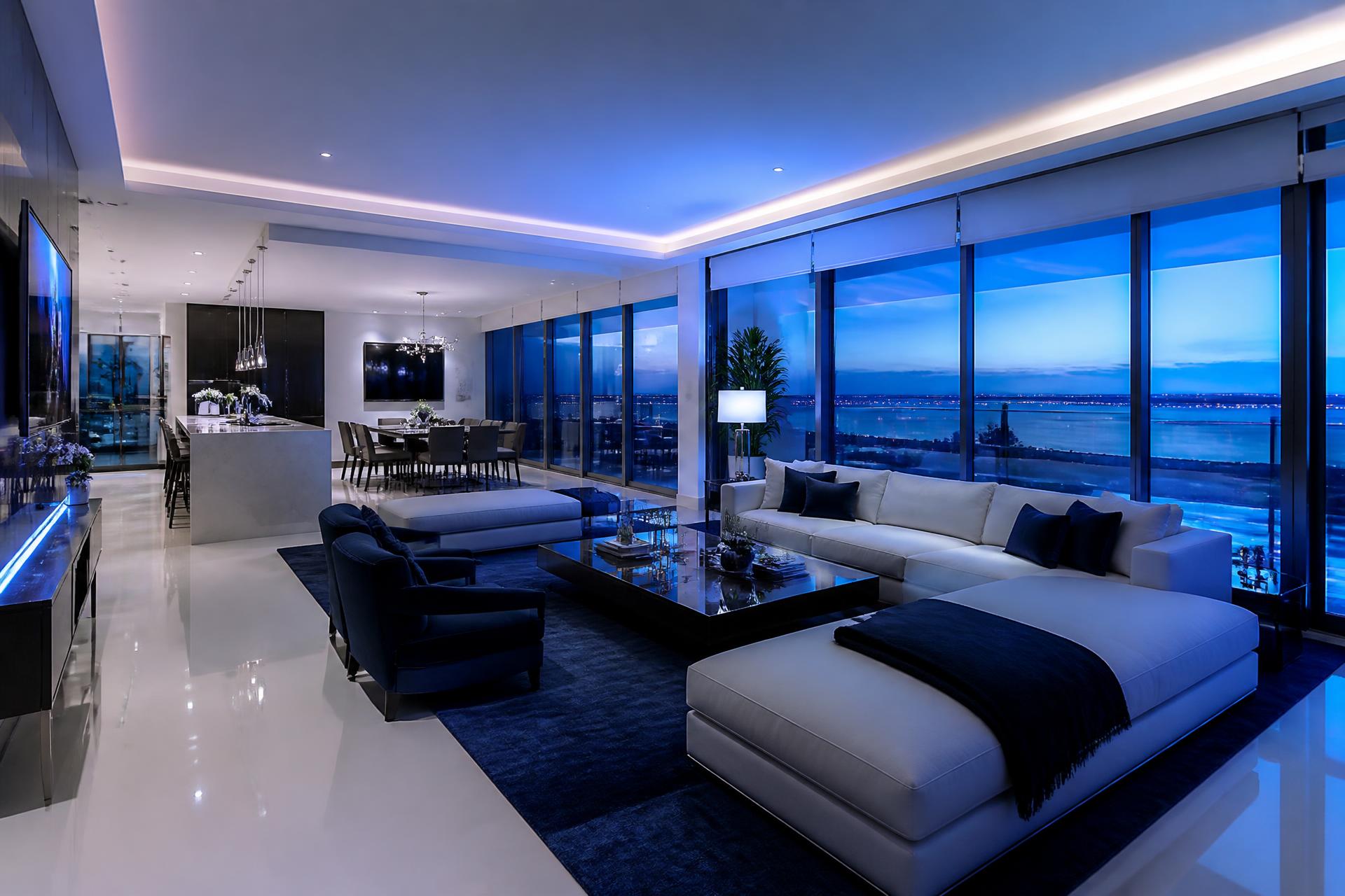 Immaculate modern luxury living room at dusk